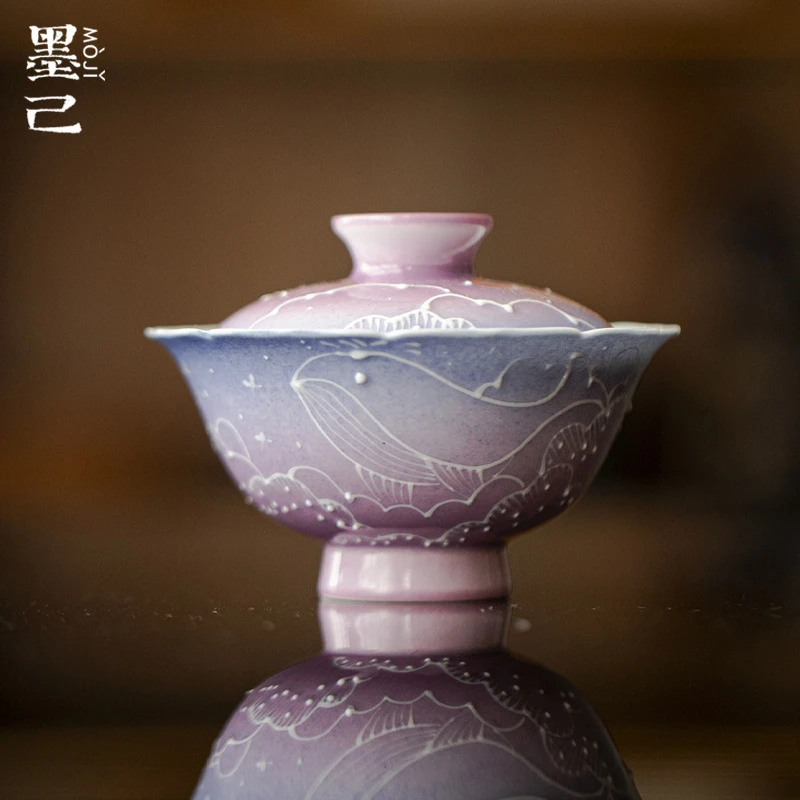 墨己渐变紫有田烧星渊鲲梦鲸鱼盖碗功夫茶具仿宋花口高足泡茶碗