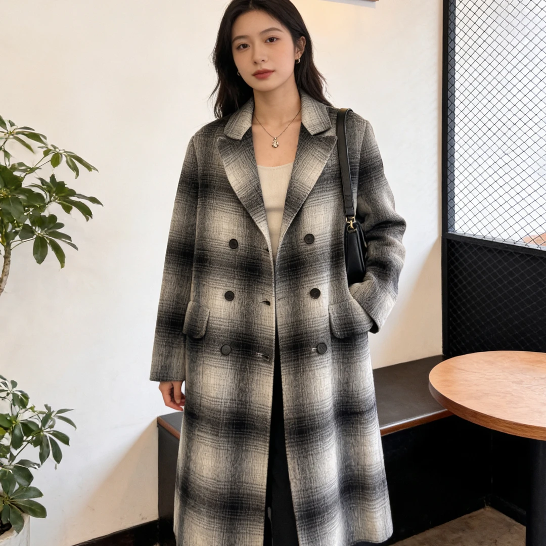 99新 DIOR/迪奥 E600107/渐变色格子双面羊毛大衣/尺码36