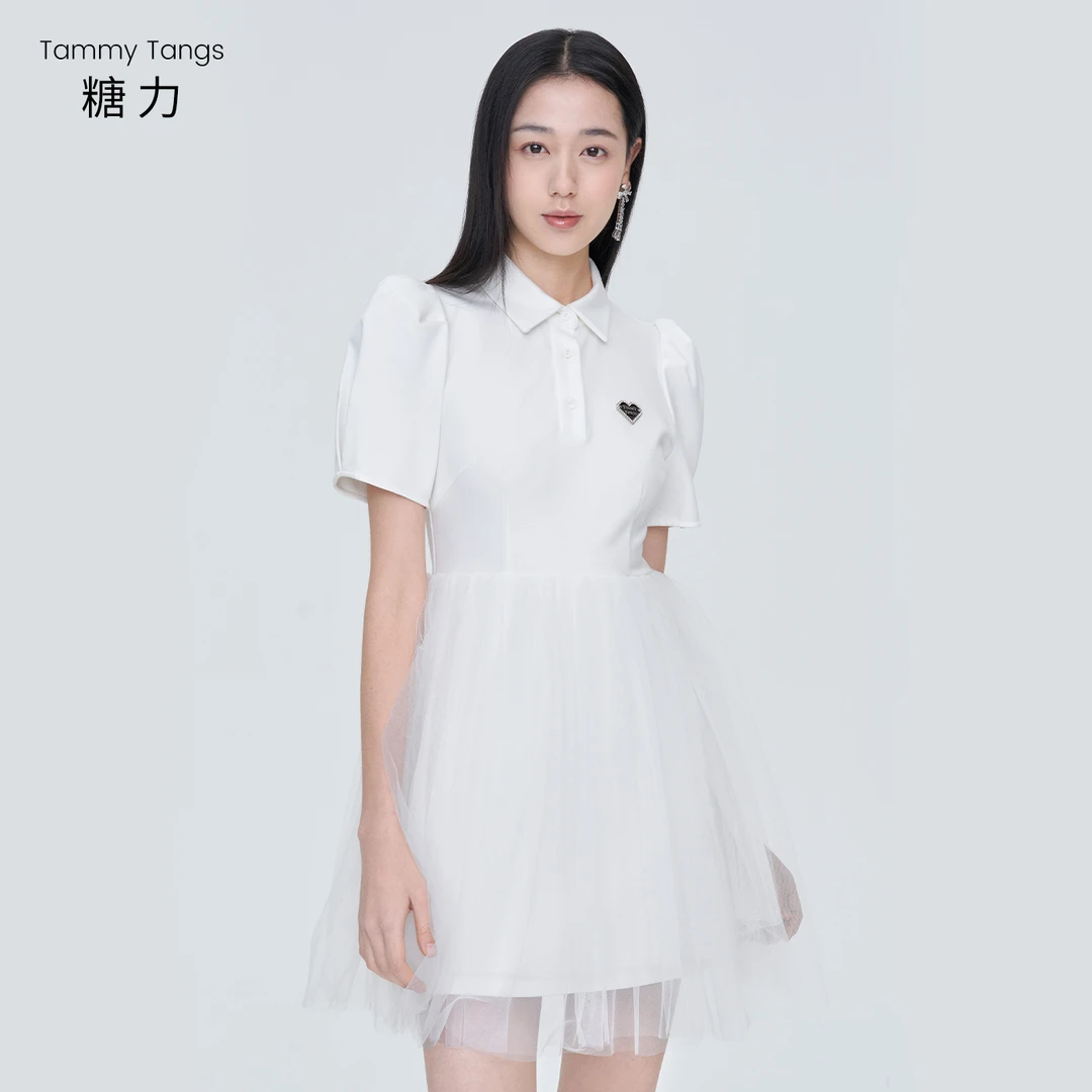 5059【金拐子专属】糖力短袖网纱拼接下摆连衣裙女TWEXQ55059