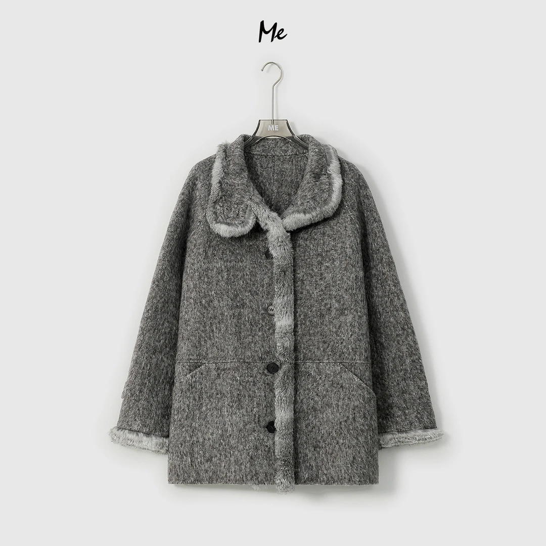 ME【斯巴达大衣】绵羊毛混纺兔毛领云绒感时尚一手长大衣MESA3842