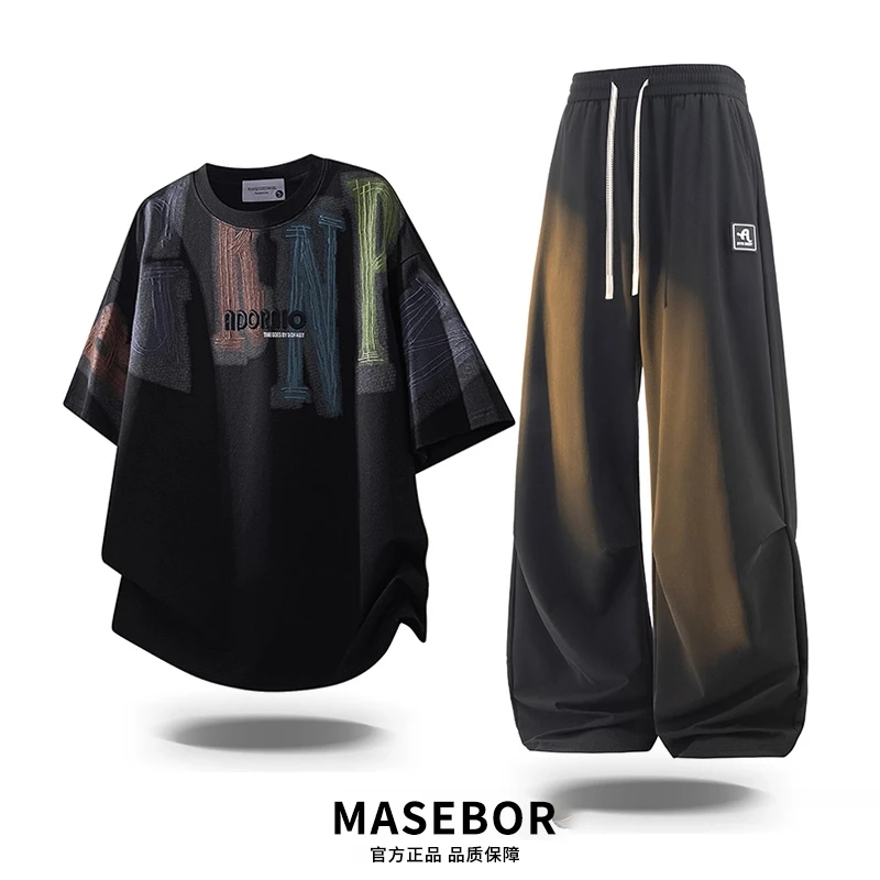 玛斯柏短袖T恤套装男生透气薄款宽松小众夏季新款潮流冰丝休闲裤