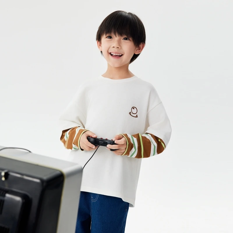 【商场同款】马拉丁儿童T恤24秋装新款男大童拼色假两件长袖T恤