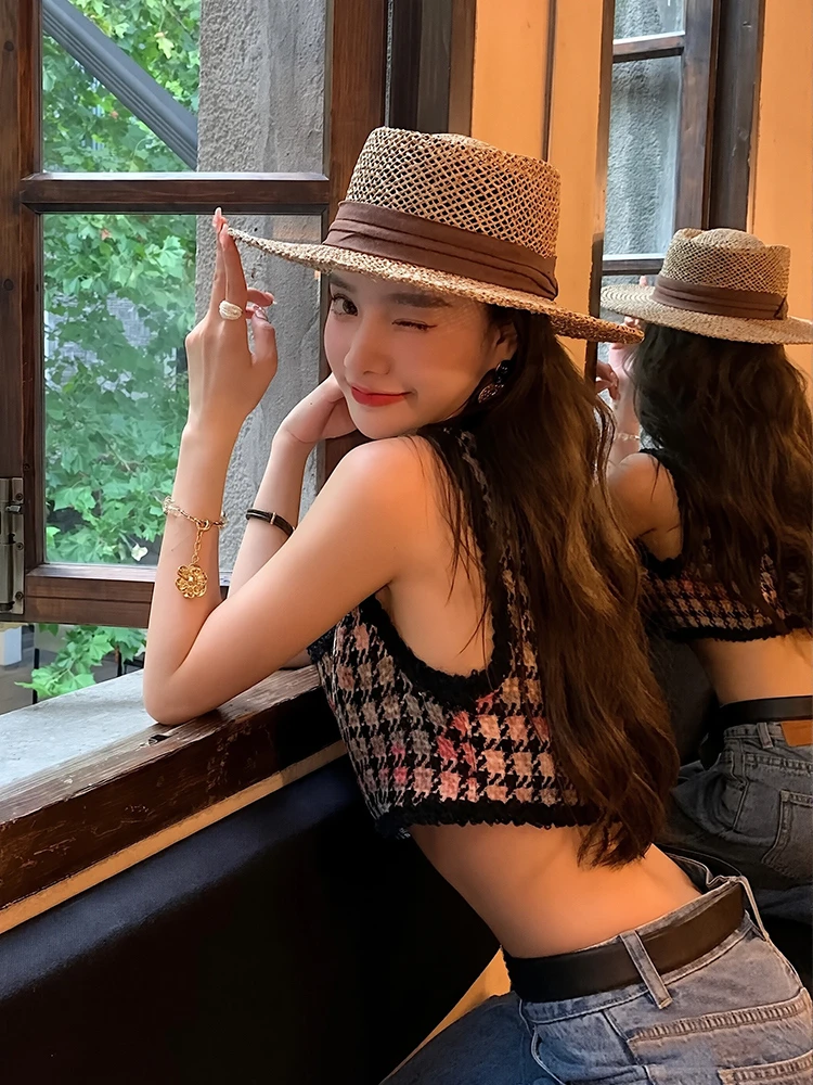 【草编帽】夏季新款镂空草编平顶帽女时尚出游度假遮阳帽百搭法式帽