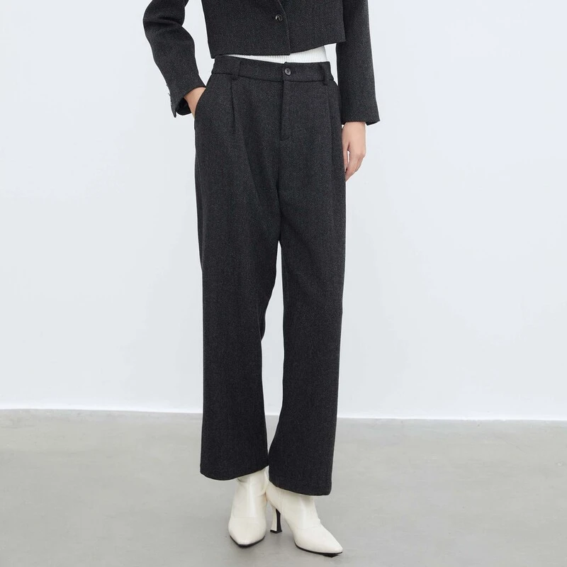 圣迪奥女装时尚休闲松紧拼接条纹直筒毛呢长裤S23480805