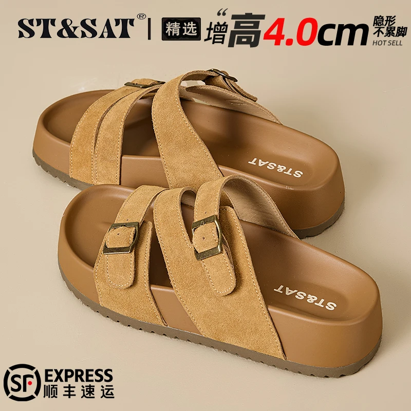 星期六真皮绒面勃肯凉鞋女2025秋季外穿复古沙滩鞋舒适透气凉拖鞋