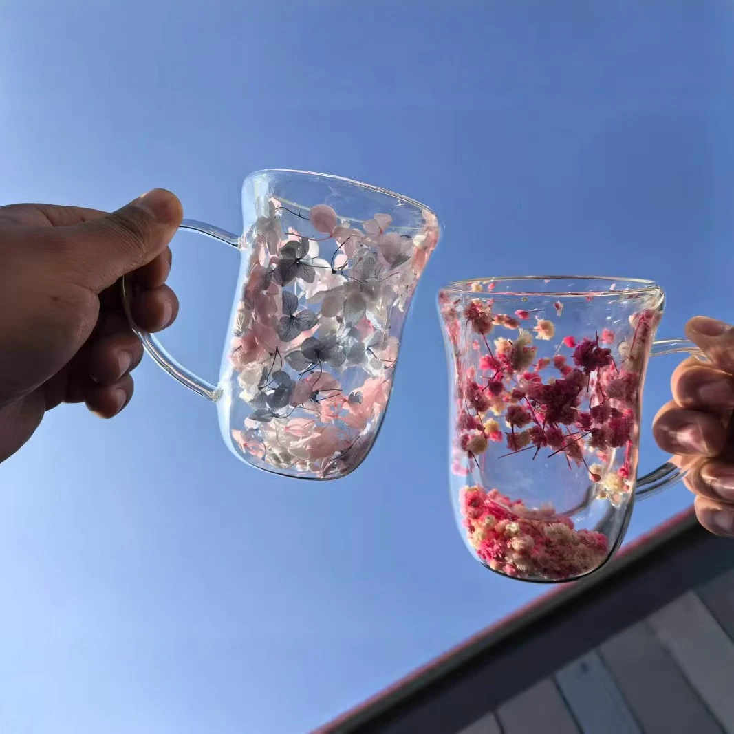 双层玻璃干花杯 通用带把手咖啡杯 简约情侣干花杯