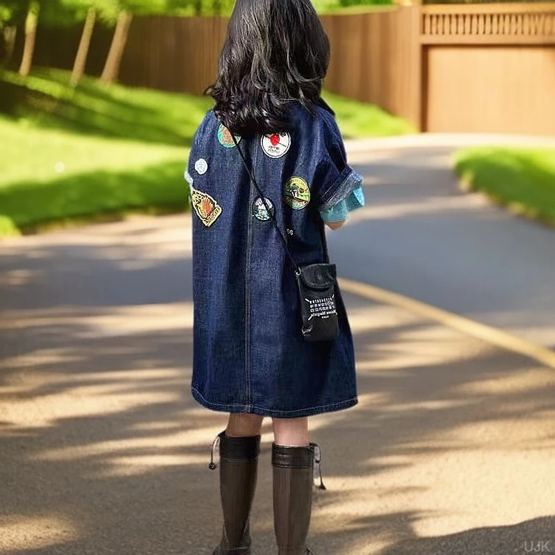 衬衫裙中大女童牛仔连衣裙洋气儿童刺绣徽章2025T恤夏季新款标