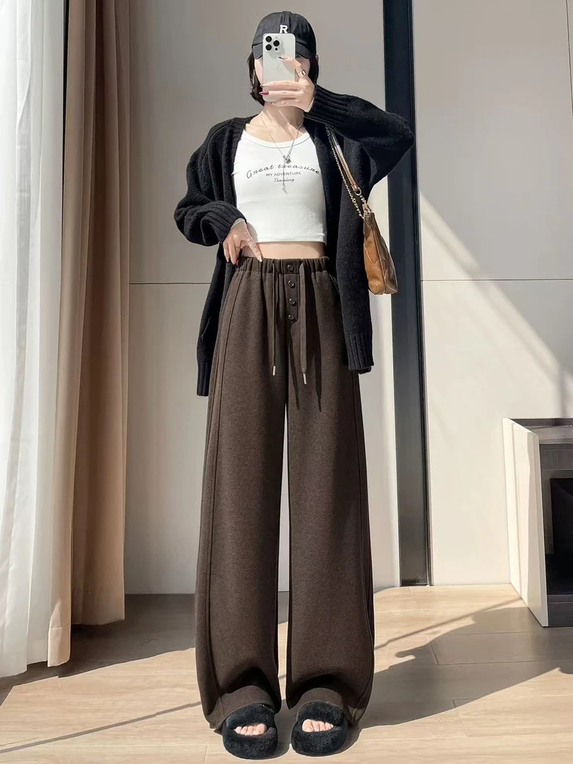 2025时尚秋冬新款设计感垂感宽松四粒扣口袋松紧腰卫裤女士休闲裤