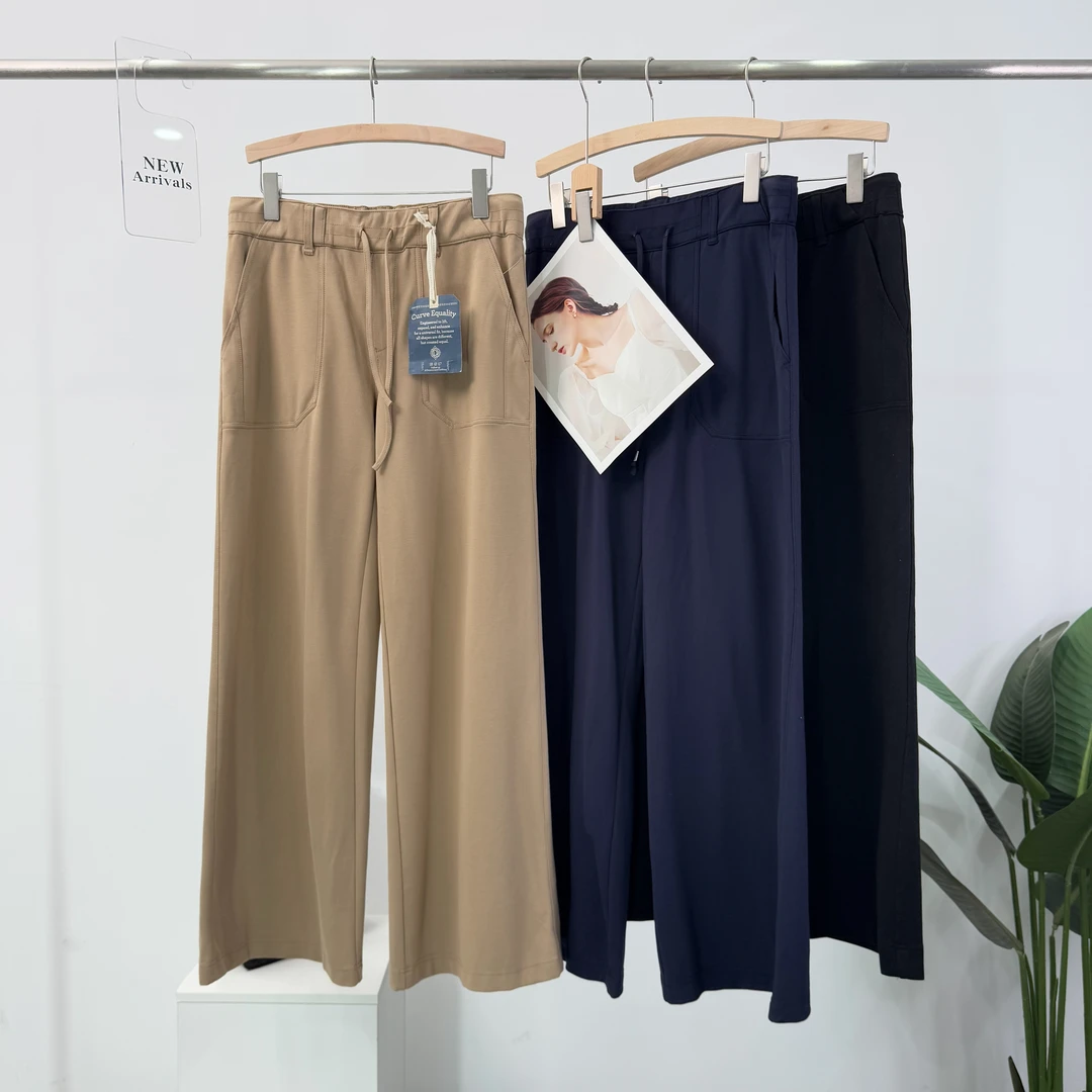 B647高端定制口袋常规高腰腰部系带阔腿裤休闲裤裤子百搭休闲纯色