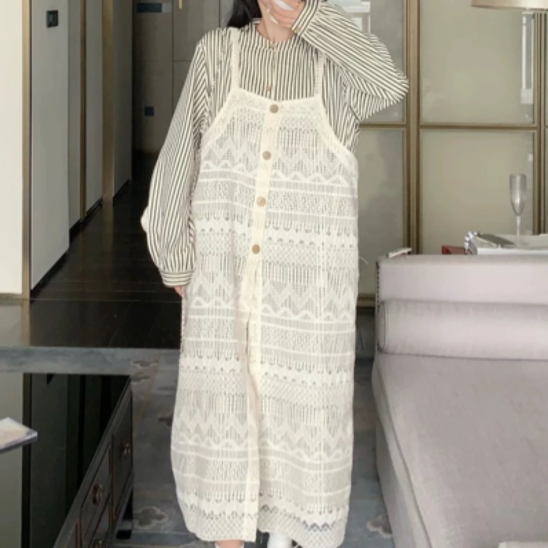 温柔风蕾丝镂空吊带罩衫连衣裙套装女2025秋新款条纹衬衫裙两件套