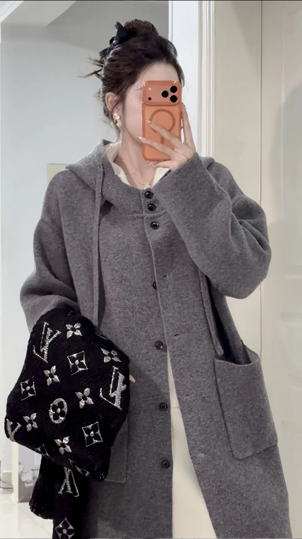 【灰色格雷系】加厚100%绵羊毛连帽外套女中长款羊毛大衣241431-1