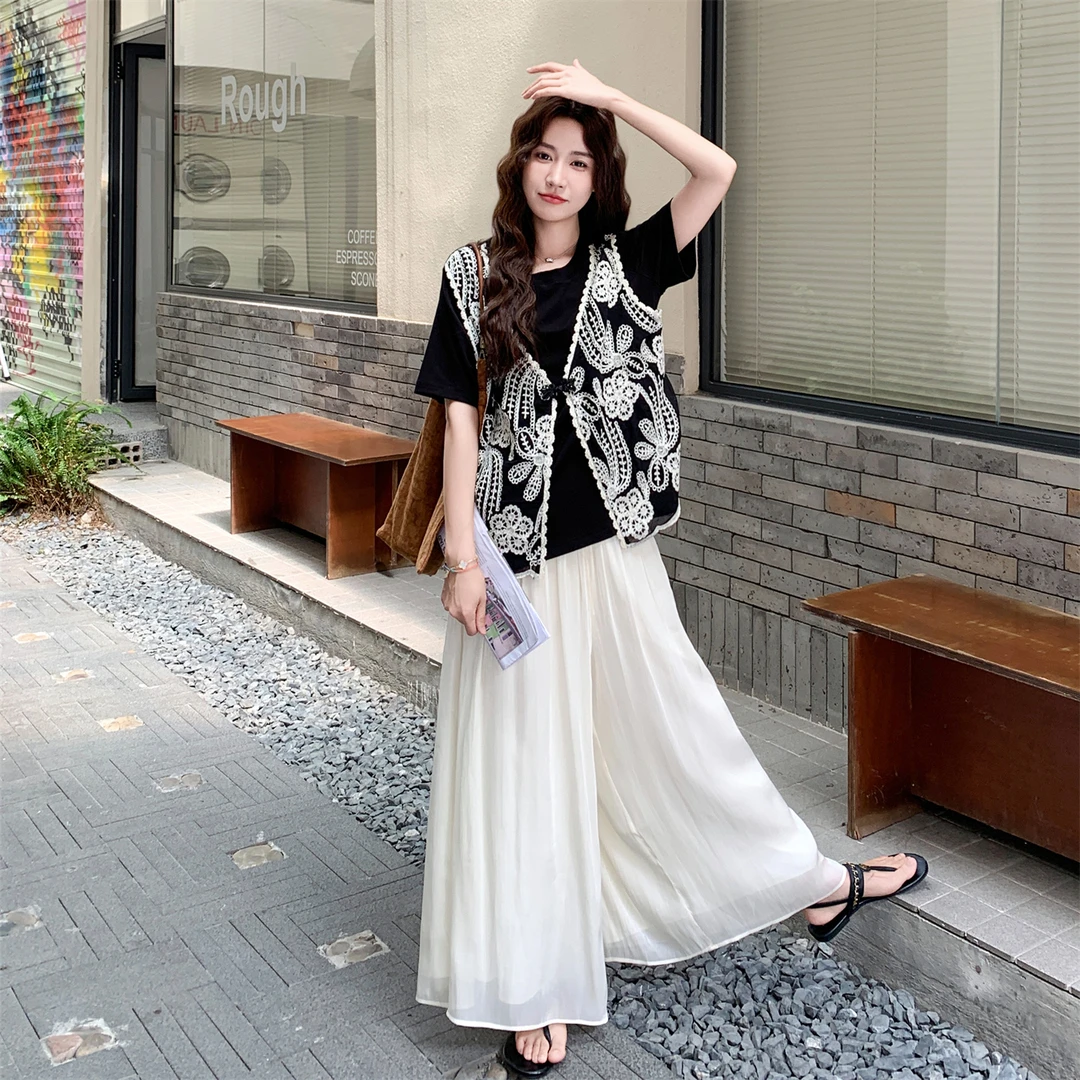 独特漂亮黑色刺绣马甲假两件上衣套装女2025夏季垂感阔腿裤两件套