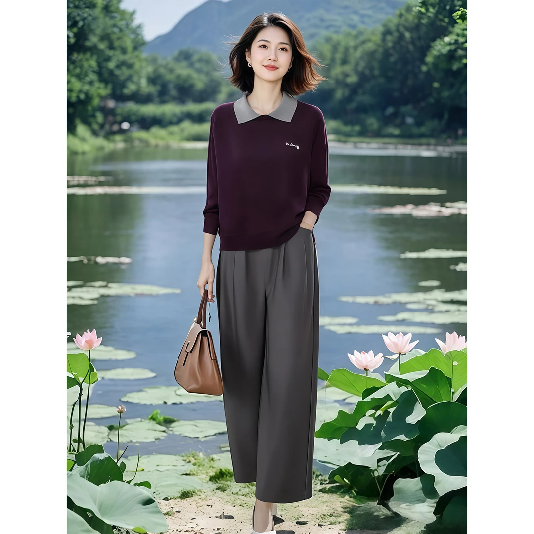 HH#【单/套装】秋季新款翻领针织衫搭高腰直筒裤两件套装DY14912