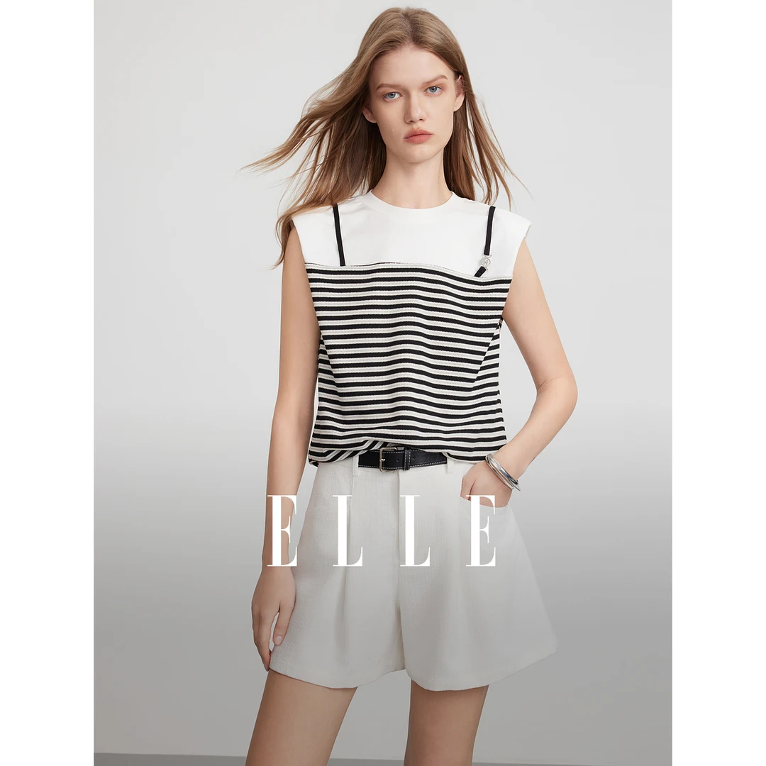 ELLE条纹拼接无袖短袖t恤女2025夏新款显瘦设计感小众上衣ET51502