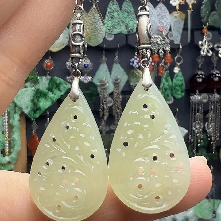 和田玉银S925镶嵌耳饰