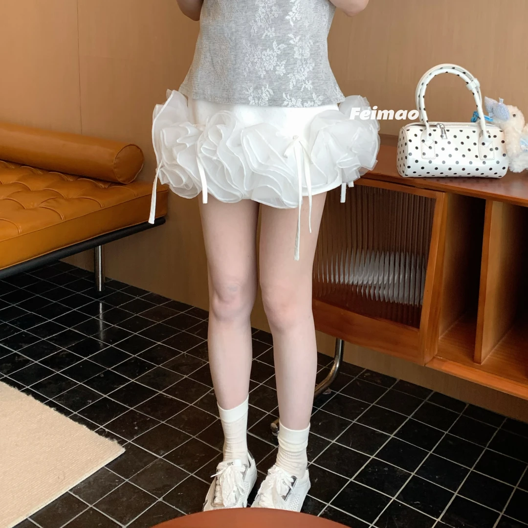 【甜心浪漫】27116 法式高级感蝴蝶结花苞高腰荷叶边半身裙