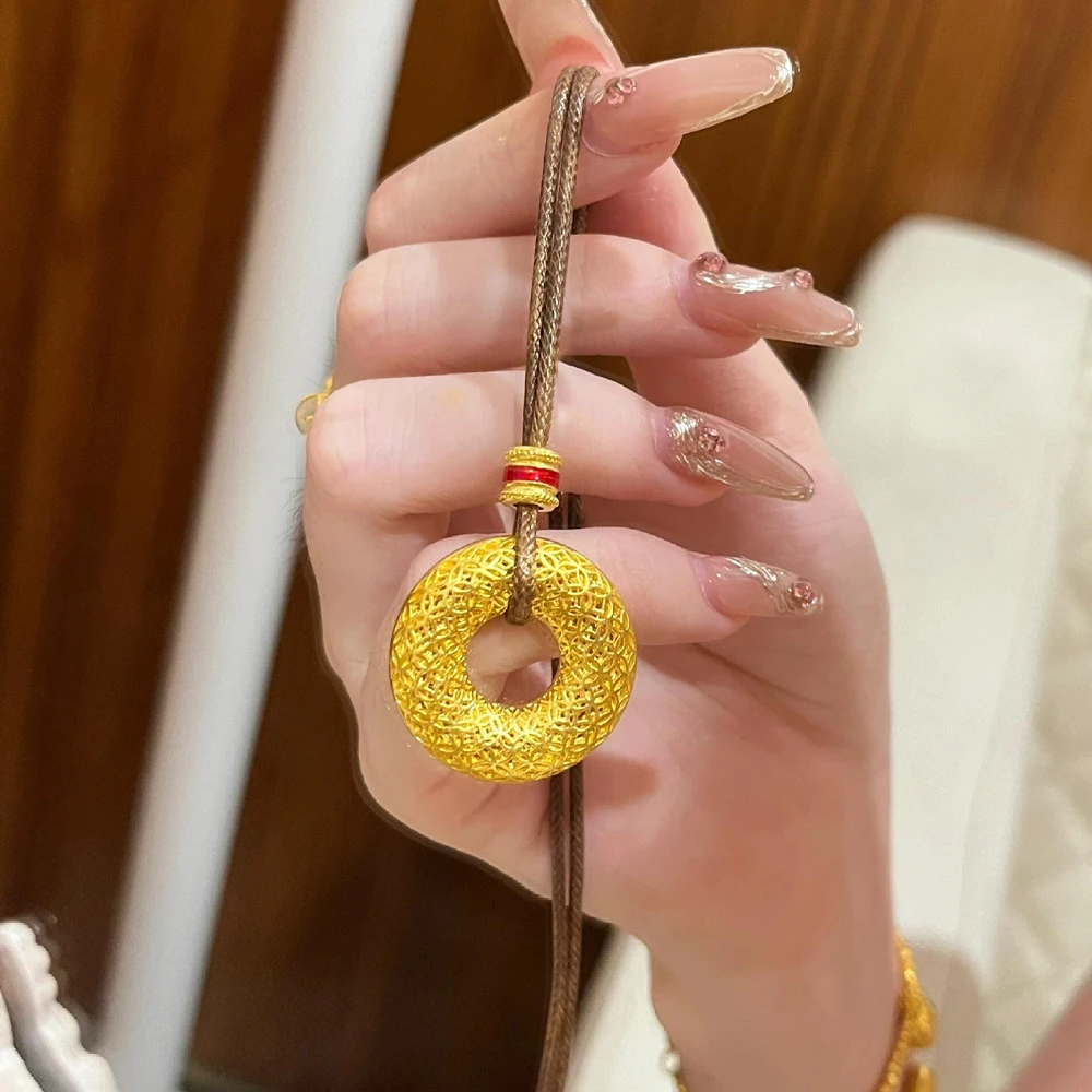 铜合金吊坠 古法平安扣项链女花丝镂空招财钱币吊坠编织绳毛衣链