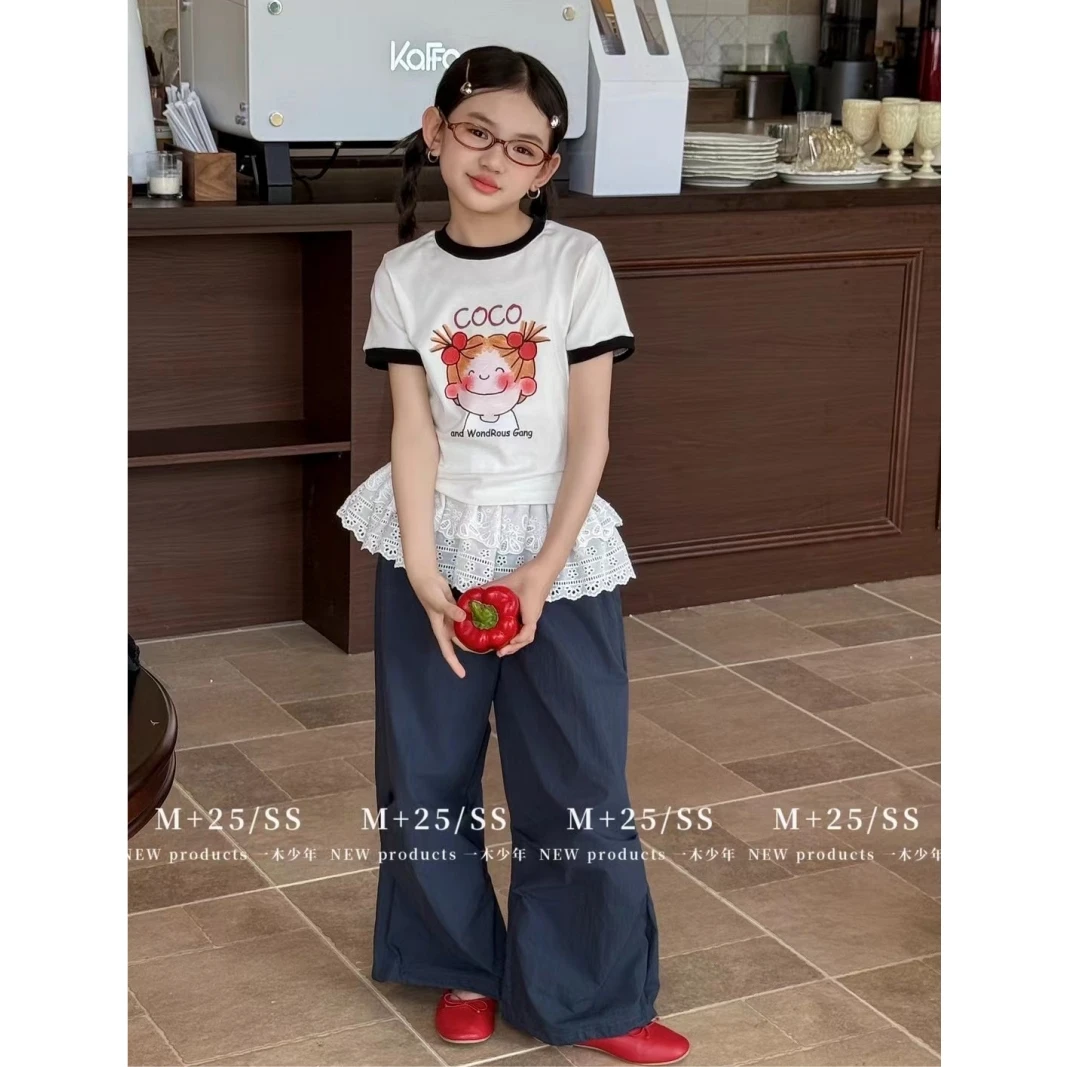 韩版女童装儿童中大童夏季时髦休闲卡通短袖蕾丝边阔腿裤少女装