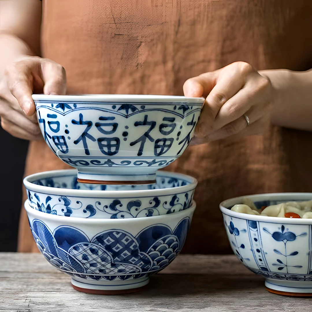 日本进口蓝凛堂16.5cm面碗汤饭碗青花复古陶瓷釉下彩家用大面碗