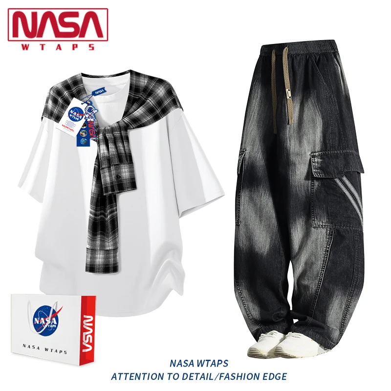 NASA WTAPS美式打结格子披肩短袖套装男款夏季短袖披肩长裤两件套