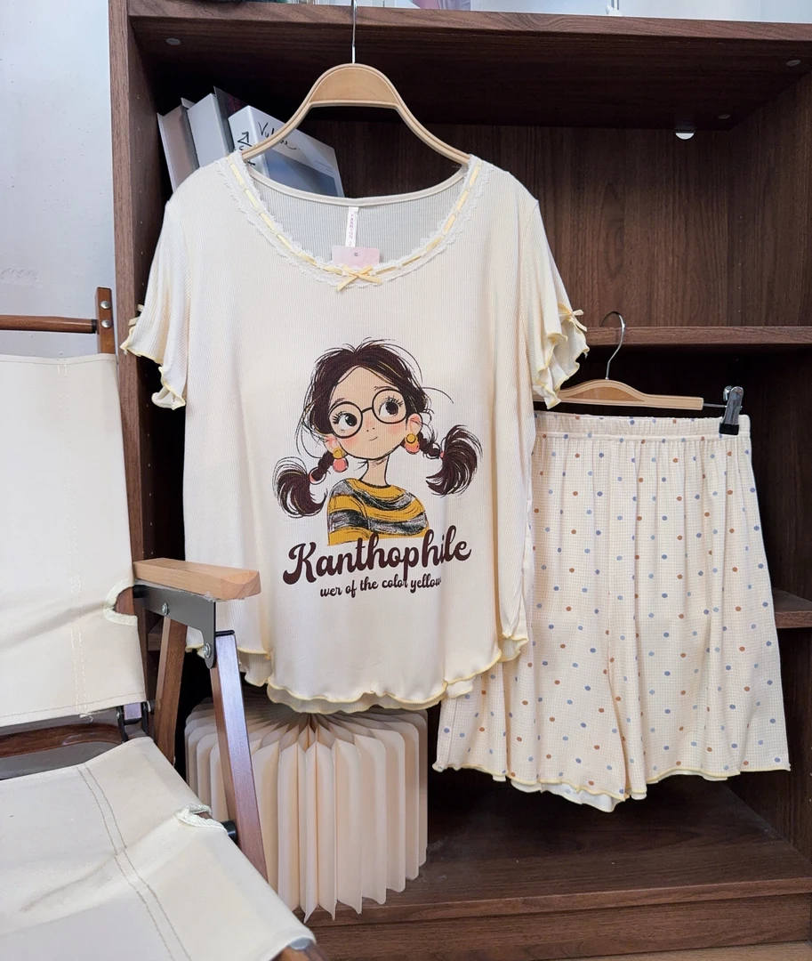 【卡通女孩】~新款带胸垫短袖可外穿时尚家居服套装~H159
