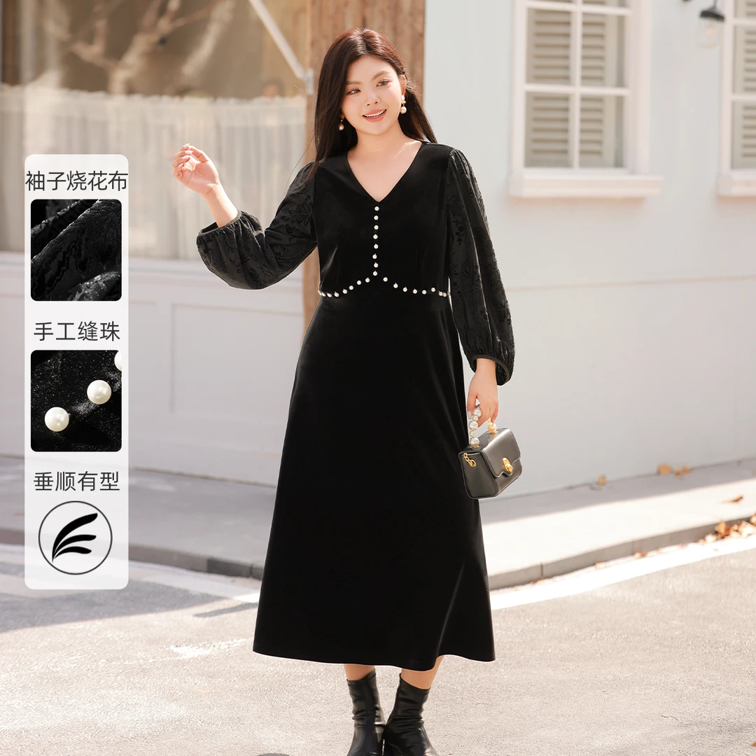 【针织丝绒烧花&手工缝珠】MsShe大码女装年会穿搭连衣裙X~B2411050