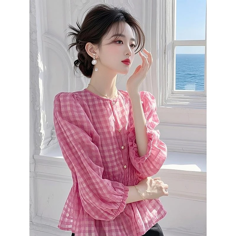 2025春新款法式上衣气质超好看独特漂亮轻奢高级感玫粉色格纹衬衫