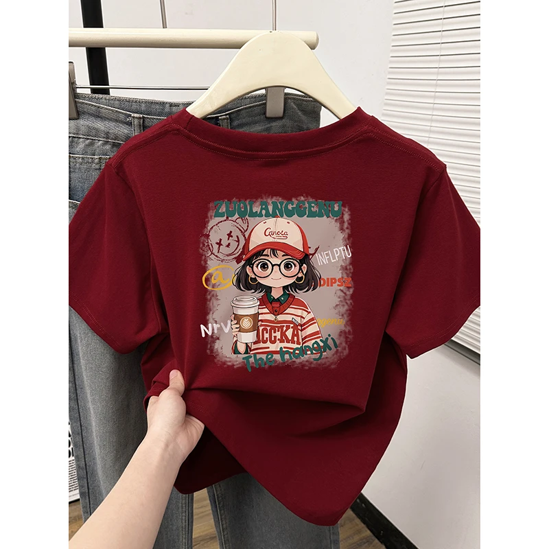 时尚圆领短袖T恤女夏季新款小女孩洋气前后印花正肩半袖体恤衫潮