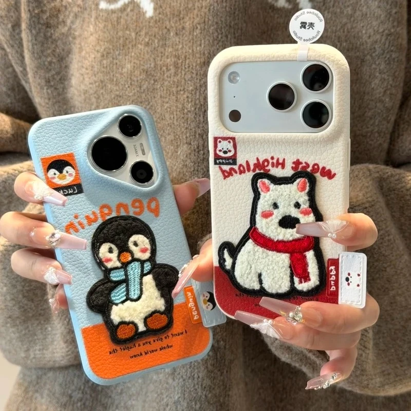 秋冬刺绣西高地标签适用苹果17/16promax手机壳华为P70vivo小米15