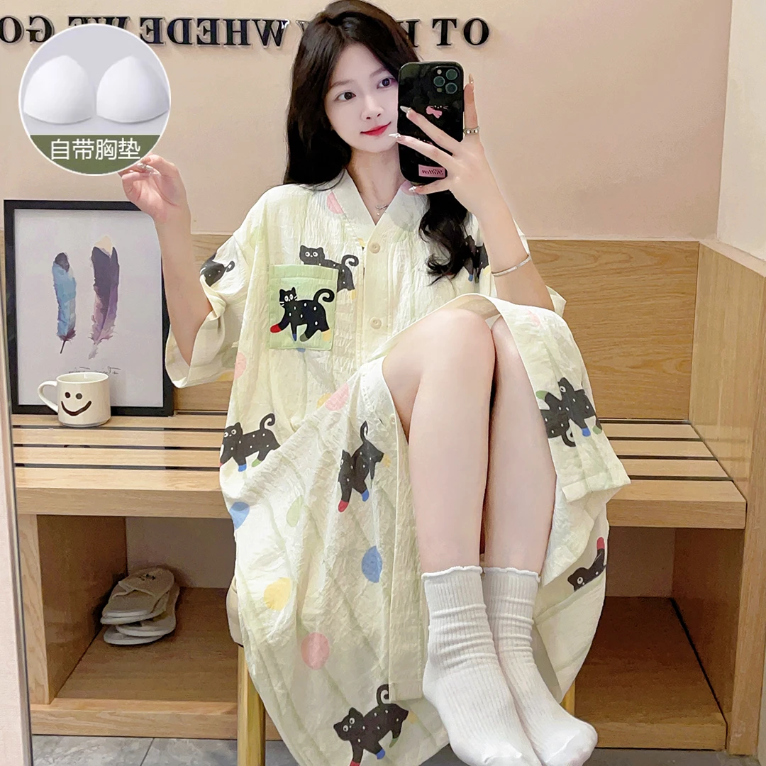 带胸垫云朵棉睡裙夏季新款女士短袖开衫中长款睡裙甜美韩版家居服