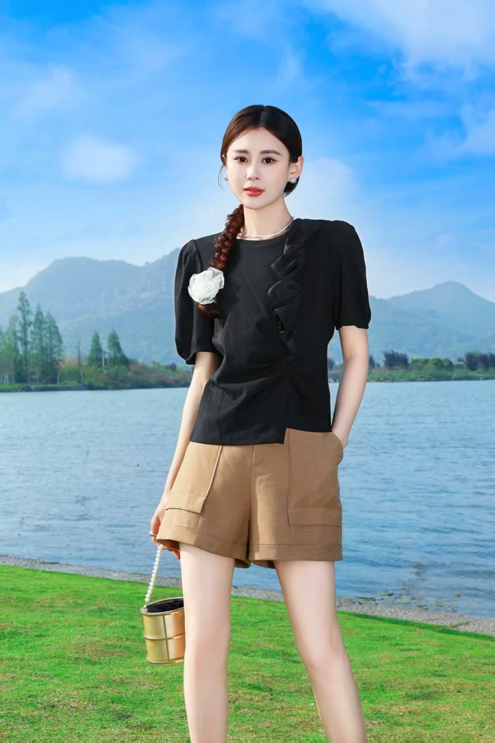 怡家夏款圆领花边T恤91066