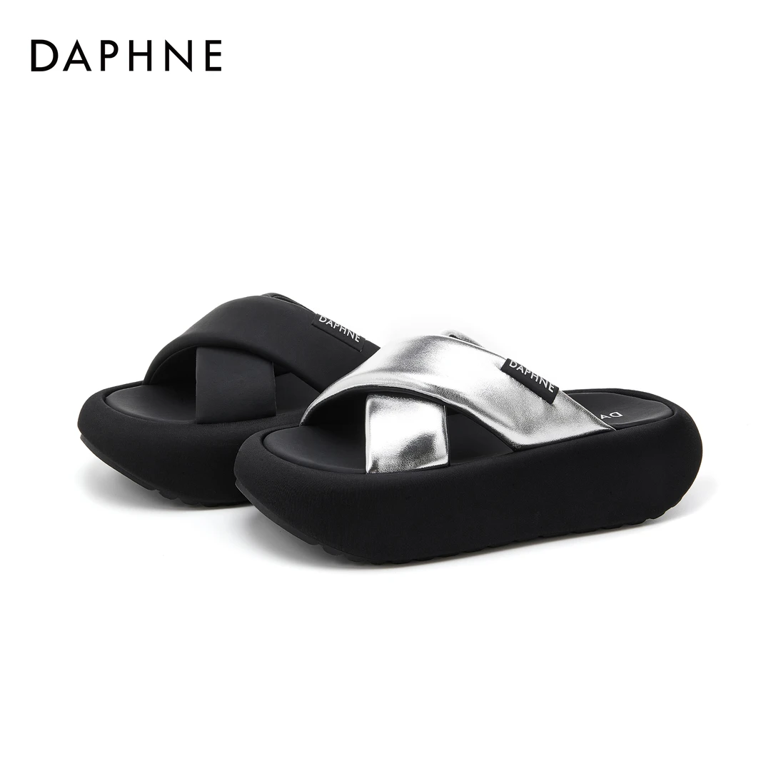 达芙妮时尚休闲百搭厚底女鞋夏季外穿坡跟平底松糕底交叉绑带拖鞋