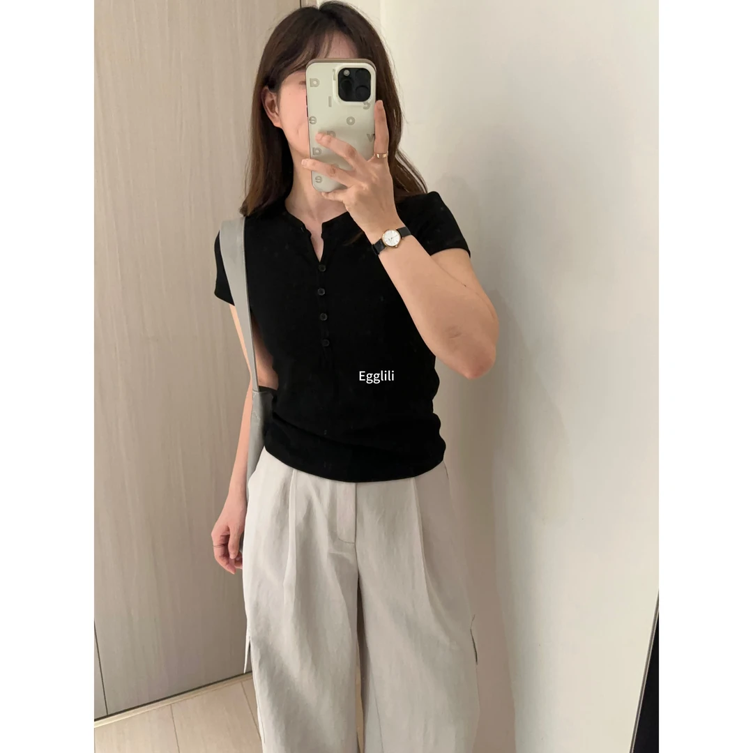 【排扣正肩短袖】高弹显瘦短袖