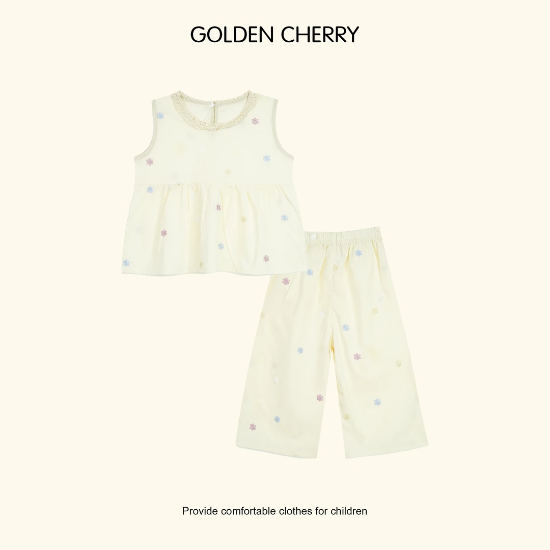 【金樱桃Golden cherry】小童米色小花满印蕾丝领洋气套装QDD668