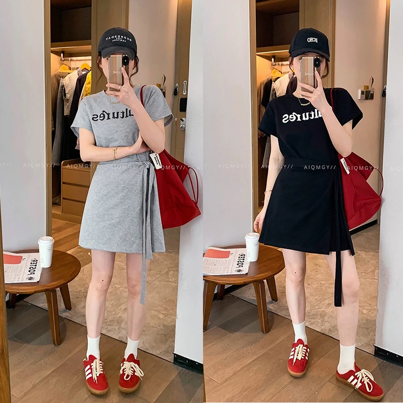 D6088设计师同款时尚减龄显瘦百搭印花假两件大码连衣裙