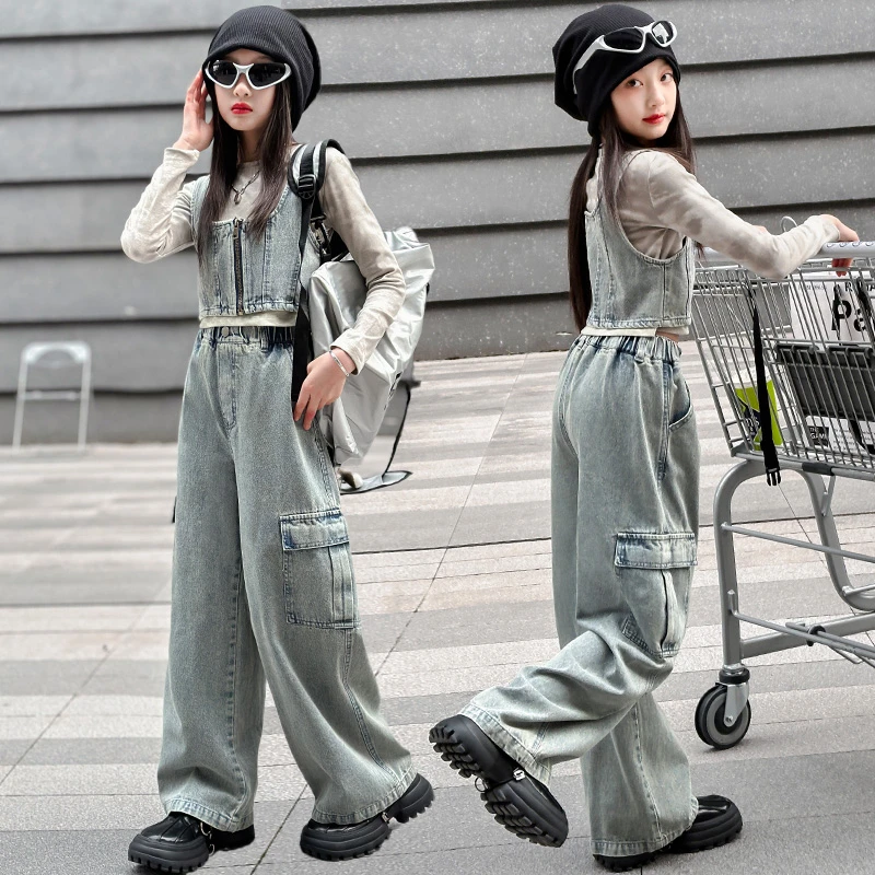 女童网红牛仔套装春秋2025新款女大童春季炸街三件套儿童洋气春装