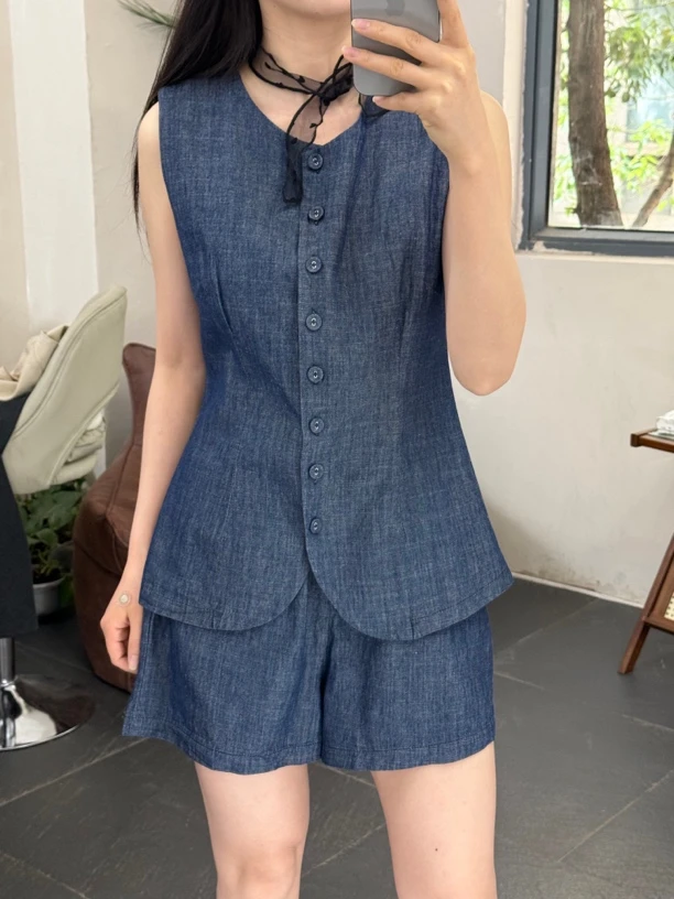夏季时尚百搭蓝色上衣两件套套装休闲牛仔女装