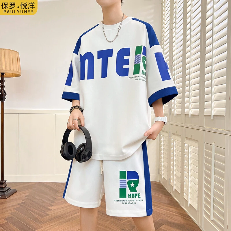 青少年夏季华夫格短袖套装男孩12-19岁学生透气T恤运动装凉感短裤