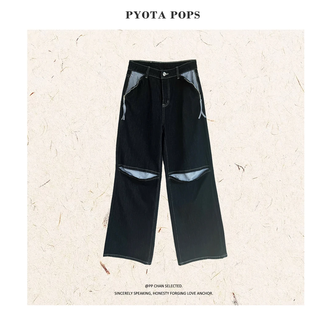 PYOTA【路易】小众膝盖破洞拼接设计 拉链口袋水洗牛仔阔腿裤 LL162
