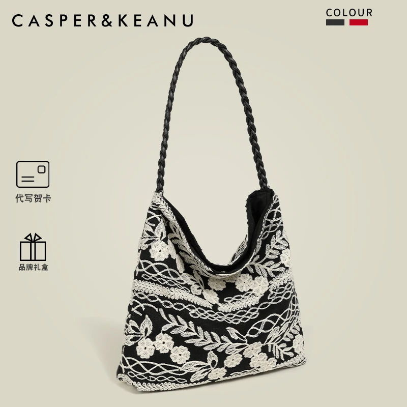 CASPER&KEANU原创亚麻花朵刺绣单肩腋下包女高级感文艺复古托特包
