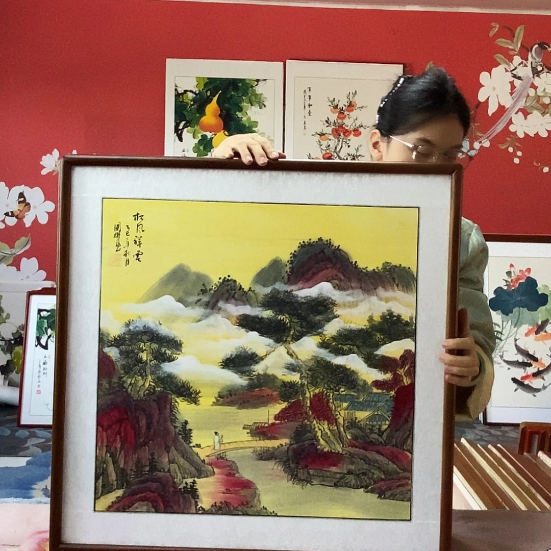 国画手写手绘国画作品带框包邮62✖️62