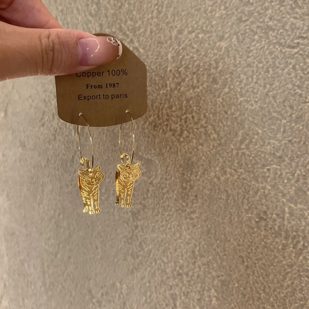 合金耳饰 创意搞怪耳坠耳环灵动的小猫咪立体显瘦圆形耳环耳圈