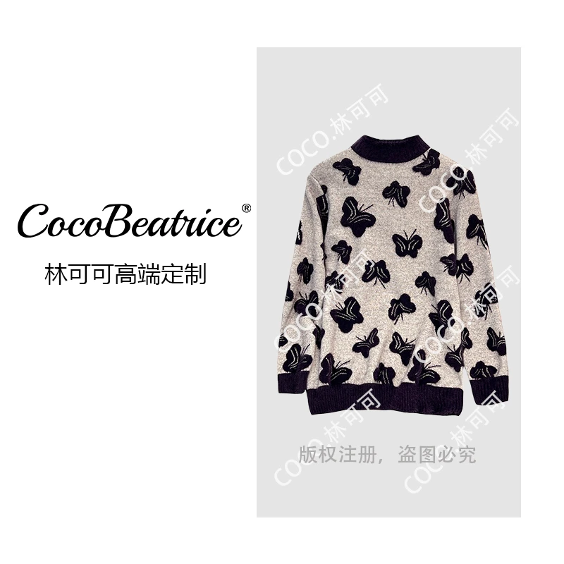 【COCO林可可】时尚半高领蝴蝶提花针织衫上衣宽松套头圆领毛衣女士