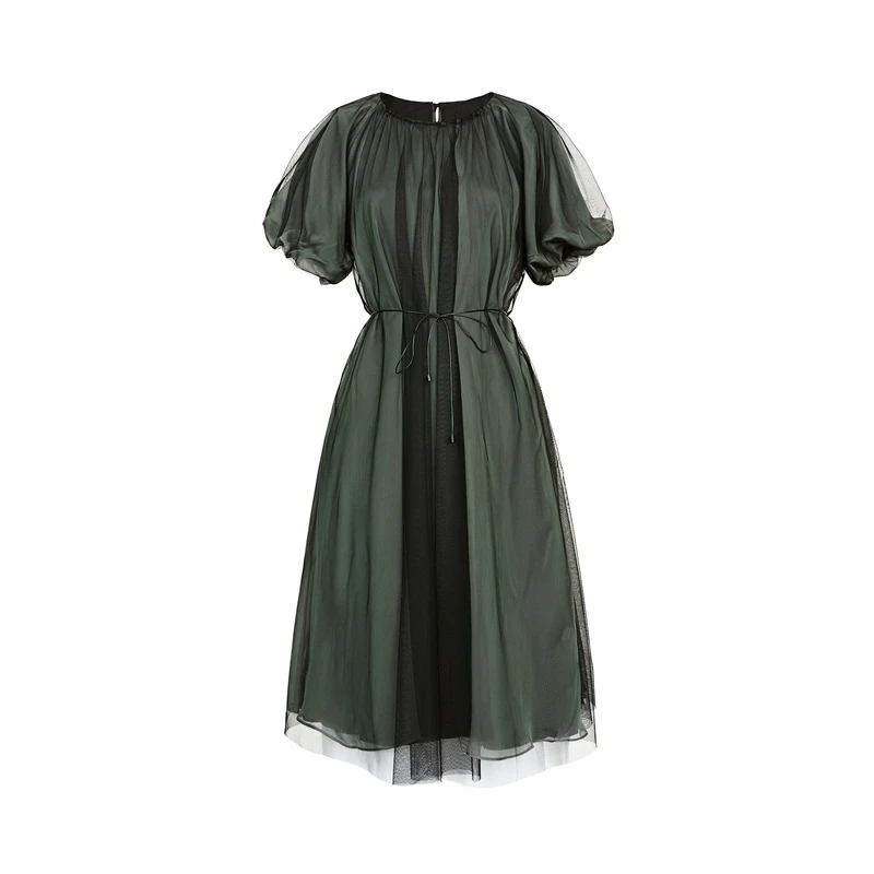 圣迪奥时尚优雅气质系带收腰显瘦欧根纱女装短袖连衣裙S222Z12S8