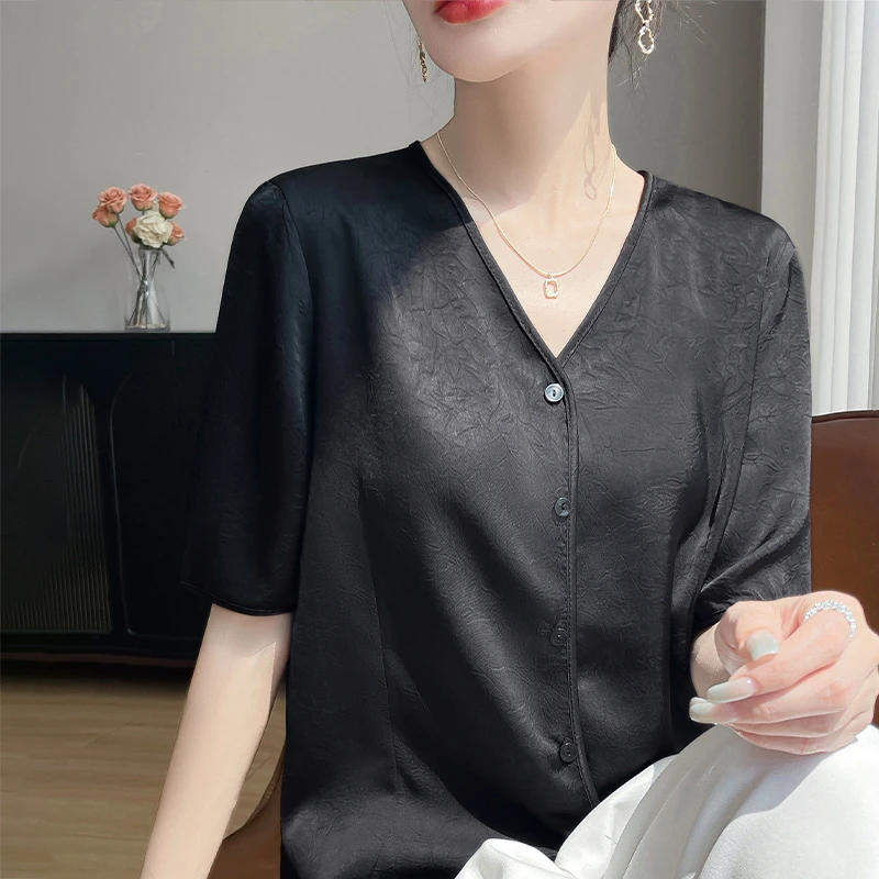 轻奢黑色V领开衫夏季薄款洋气高级感醋酸凉感短袖上衣女装休闲洋