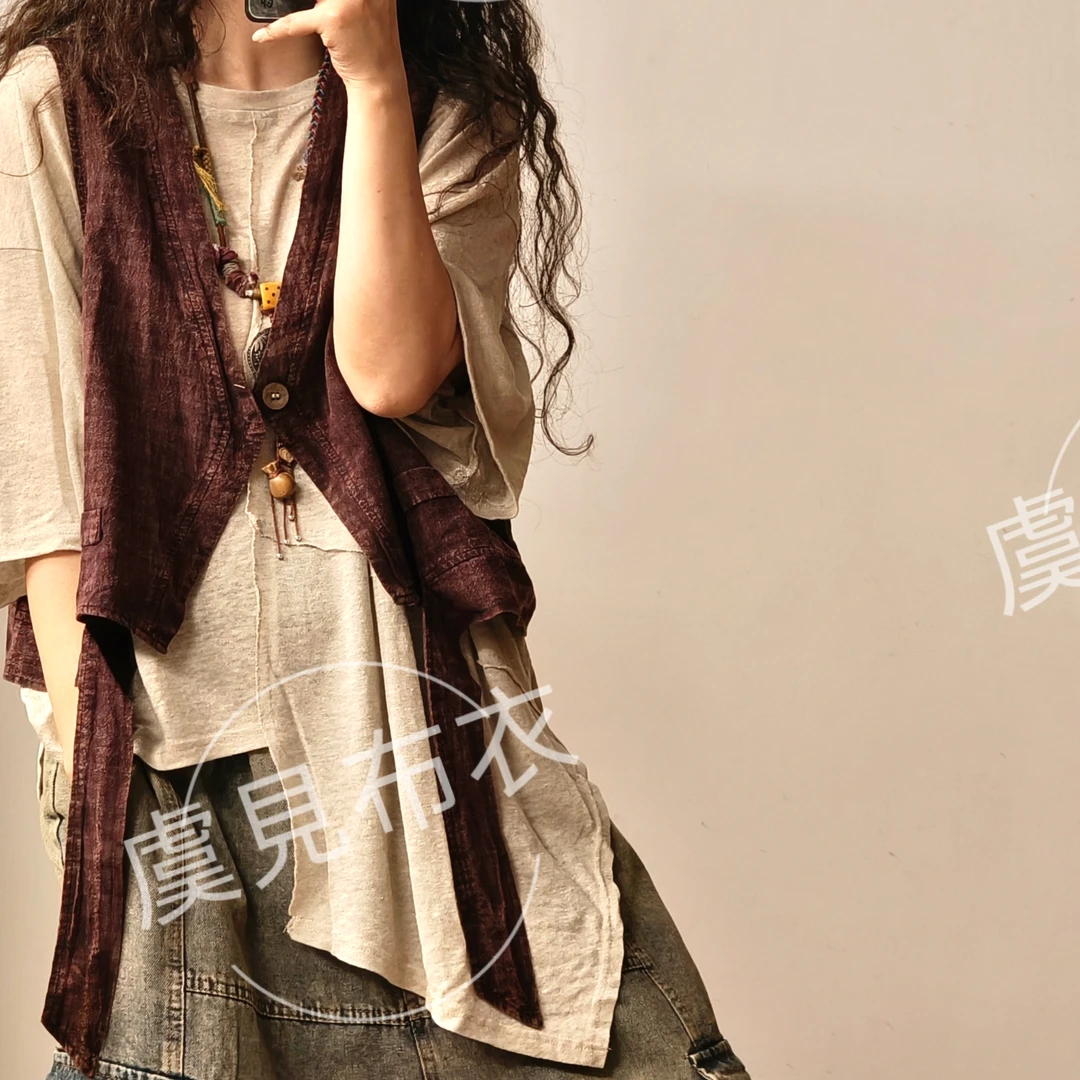 虞姑娘推荐 复古炒色做旧麻棉飘带马甲套装（衣长47胸围130）