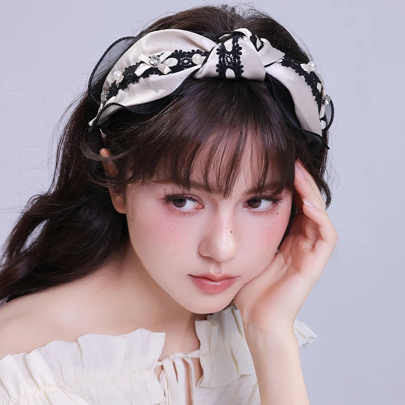 FG004压发头箍头饰女新款奶茶色黑色蕾丝扭结增高颅顶宽发箍