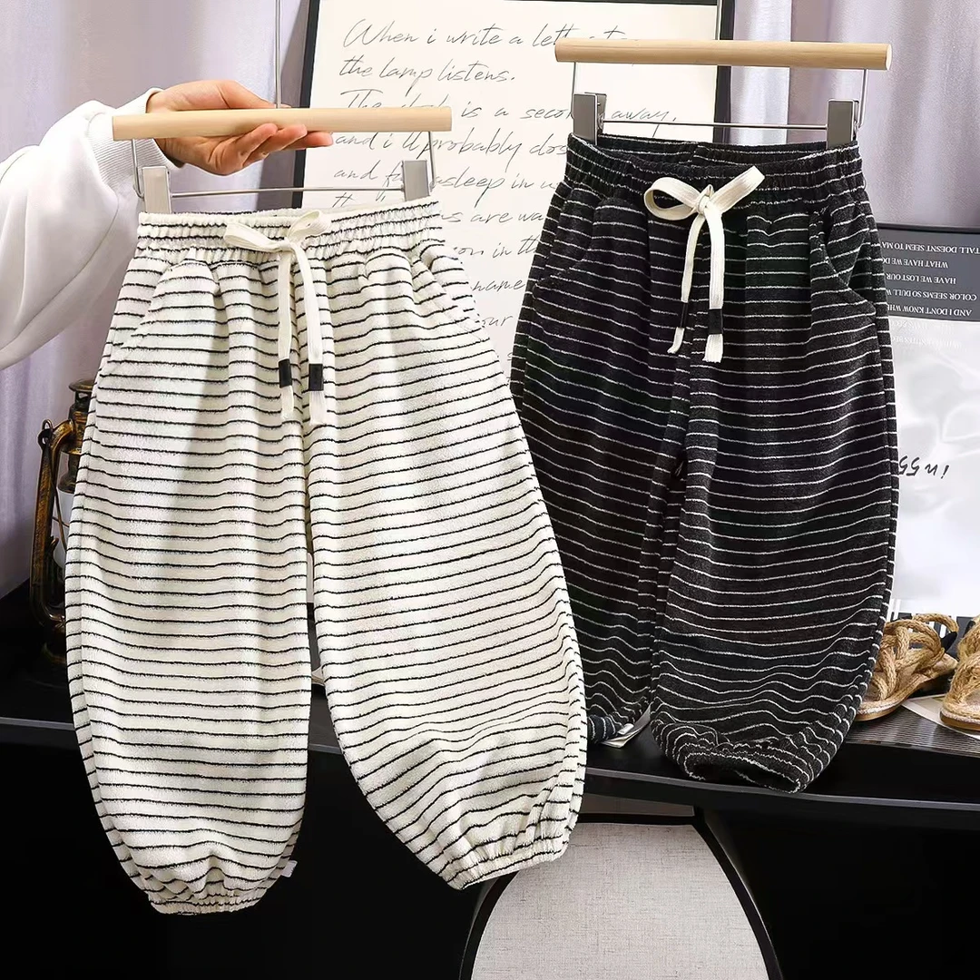儿童春秋裤子2025新款男女童休闲裤毛巾布条纹裤中小童外穿单裤