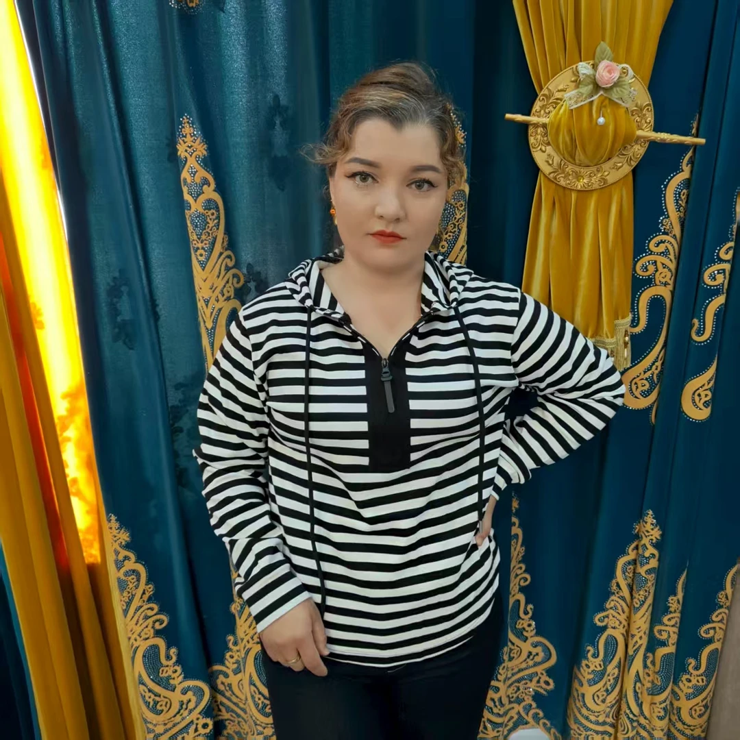 Nurziba宽松型条纹长袖极简风连帽T恤修身针织休闲风甜辣风