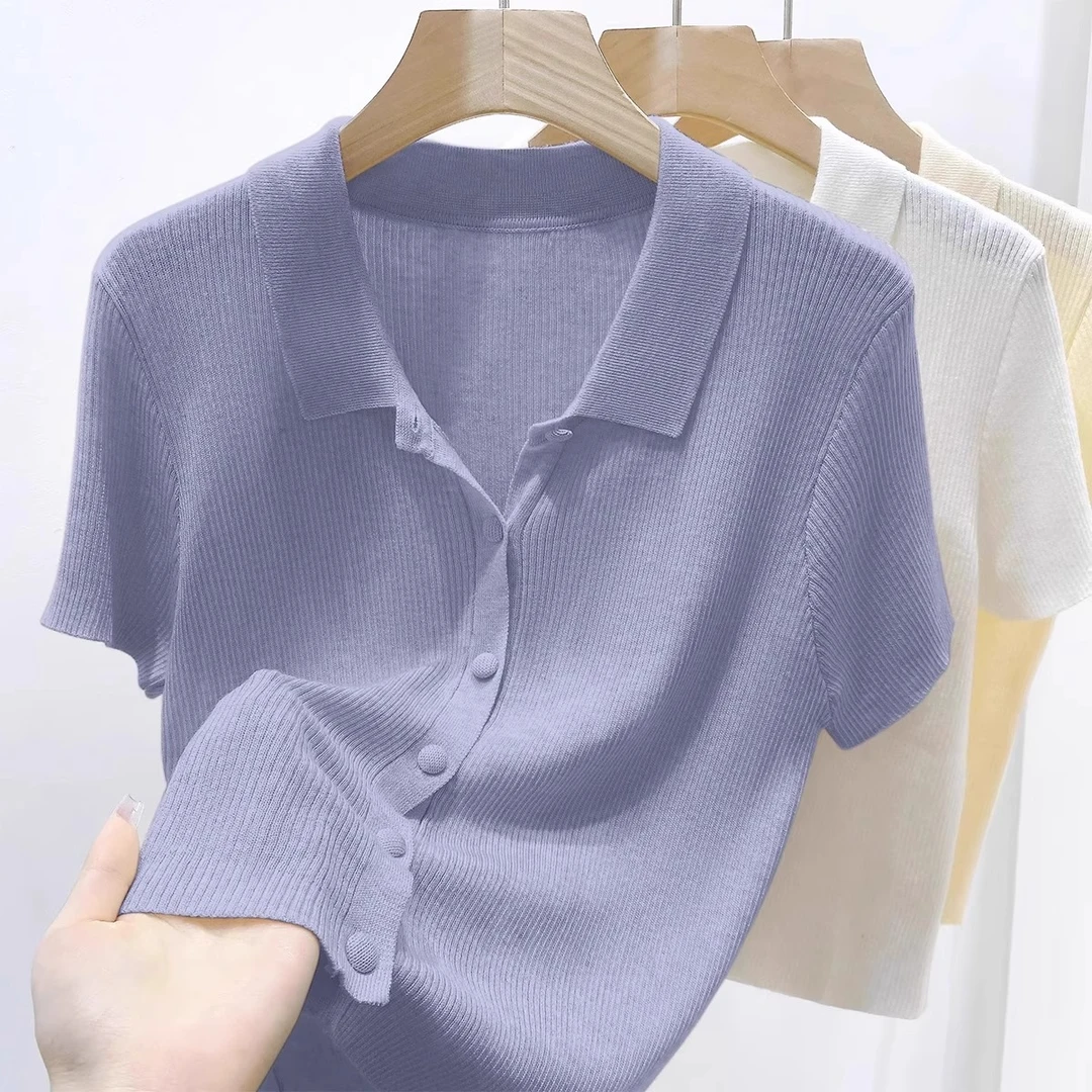 熏衣紫POLO衫冰丝短袖T恤女夏季薄款宽松仙仙显瘦针织开衫上衣